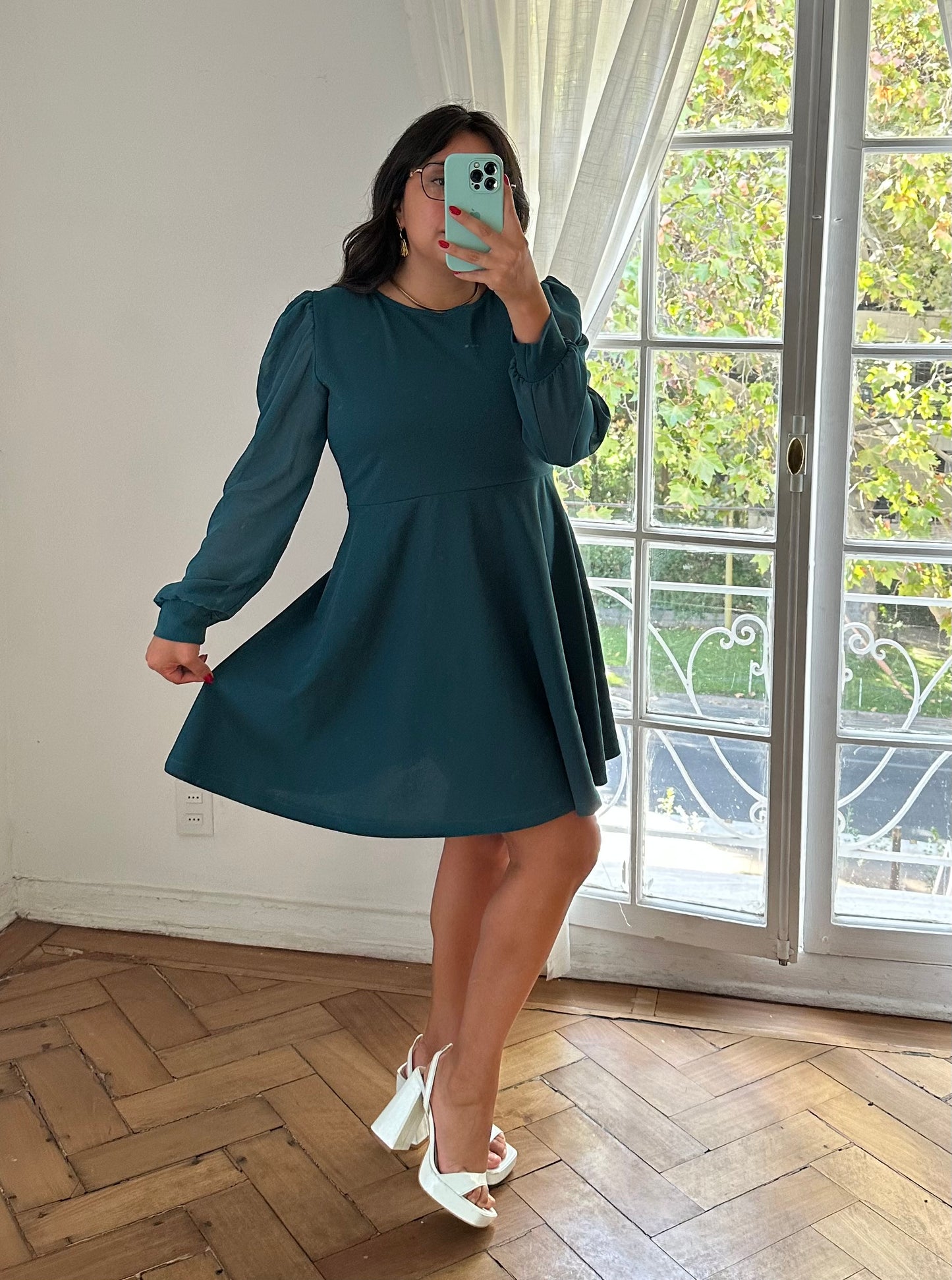 Vestido Lorena Clásico Manga Gasa Larga Tela Sofía