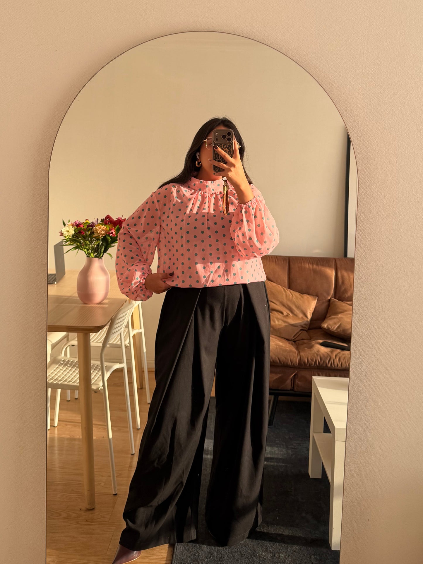 Blusa Gasa Rosada Puntos Verdes