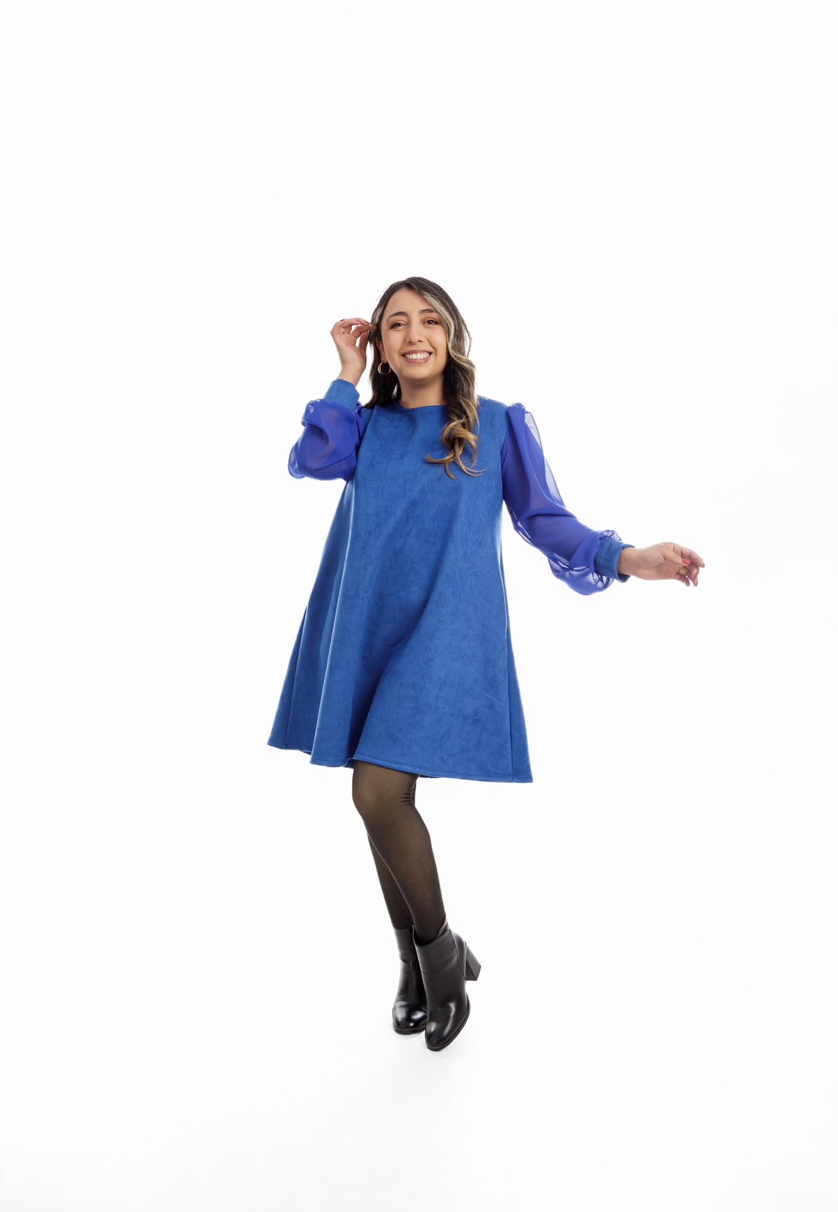 Vestido Dianna Tela Agamuzada Manga Larga Gasa