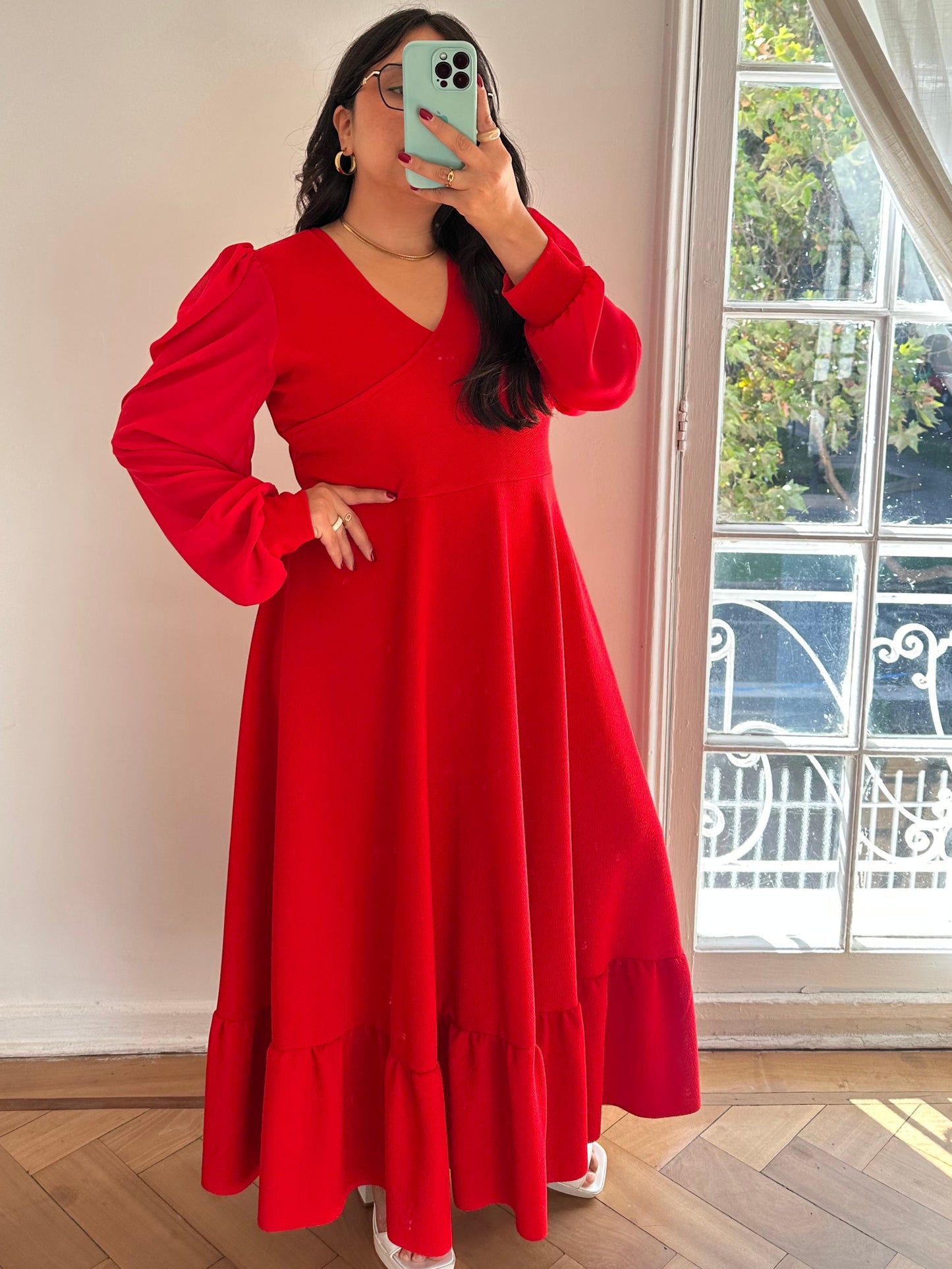 Vestido Angelica Midi Tela Sofia Manga Larga Gasa