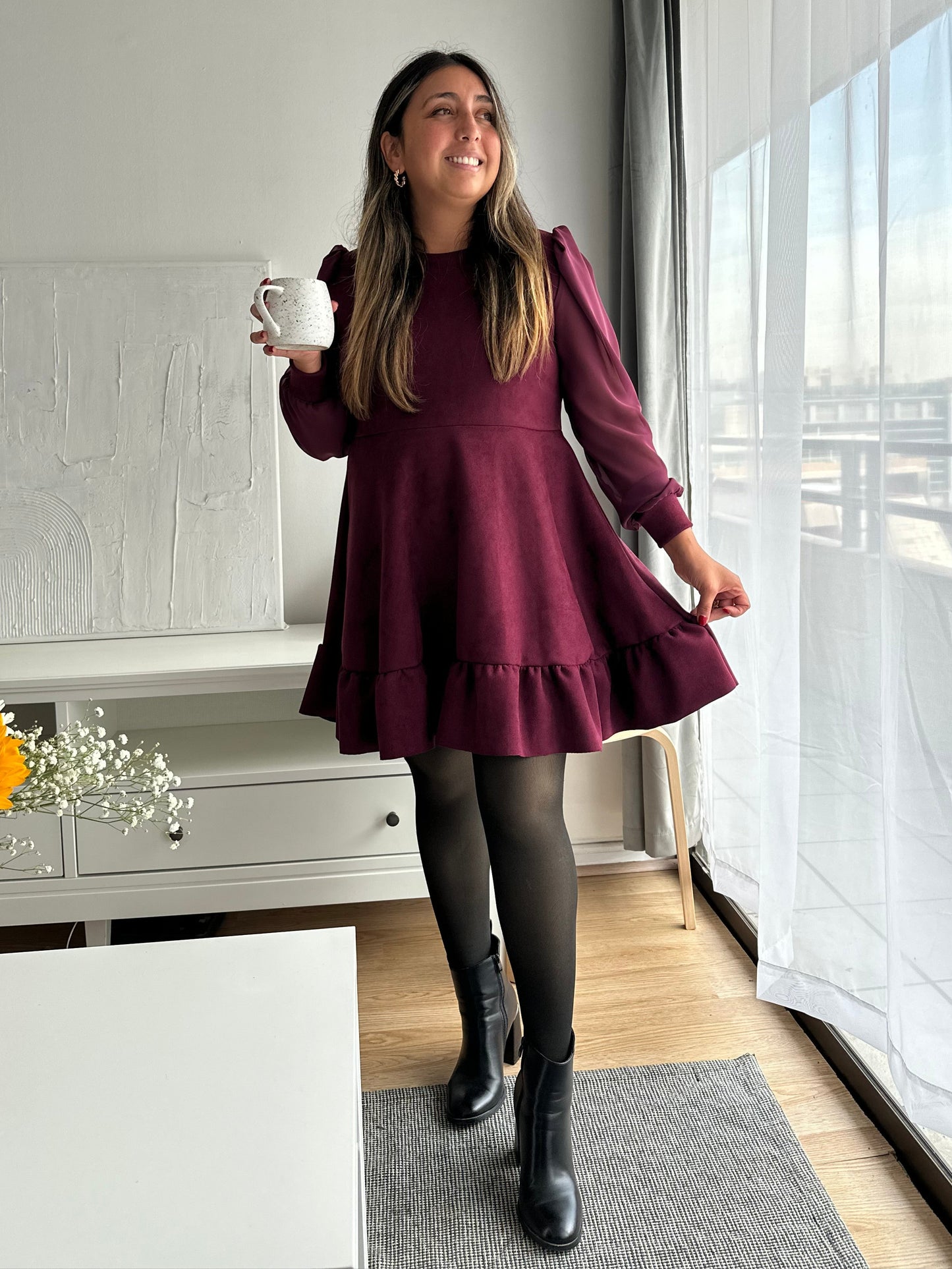 Vestido Lorena Agamuzado Manga Larga Gasa