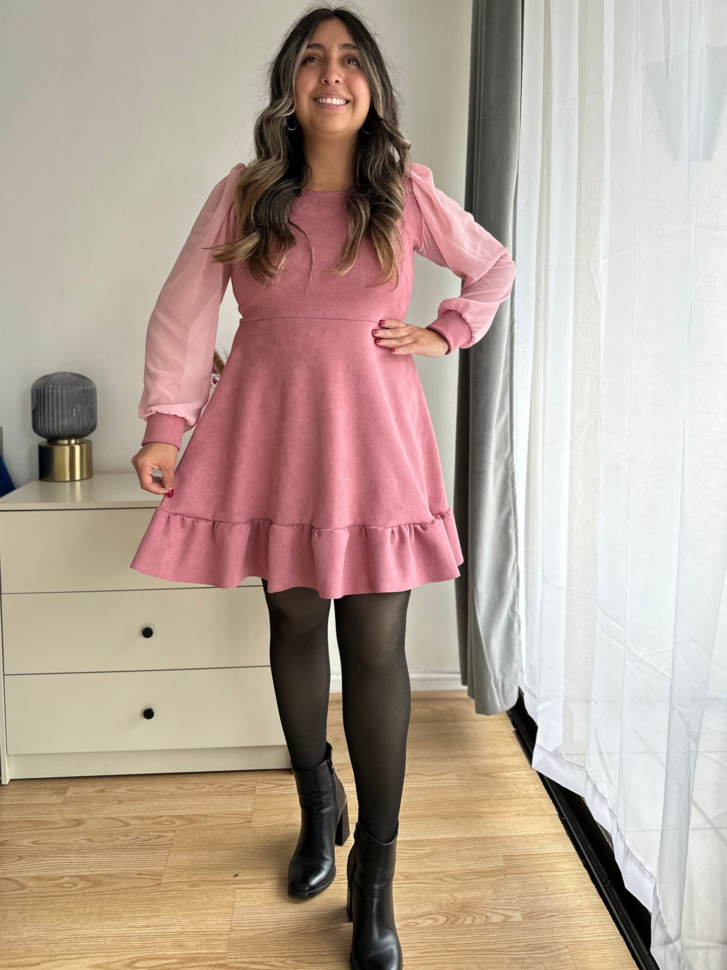 Vestido Lorena Agamuzado Manga Larga Gasa