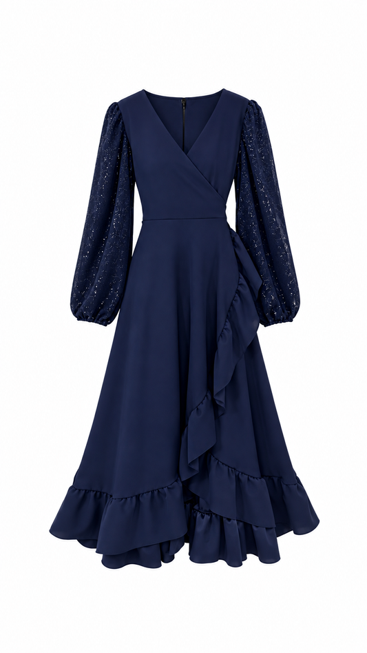 Vestido Maciel Manga Larga Gasa Brillos Midi Tela Scuba En Cuerpo