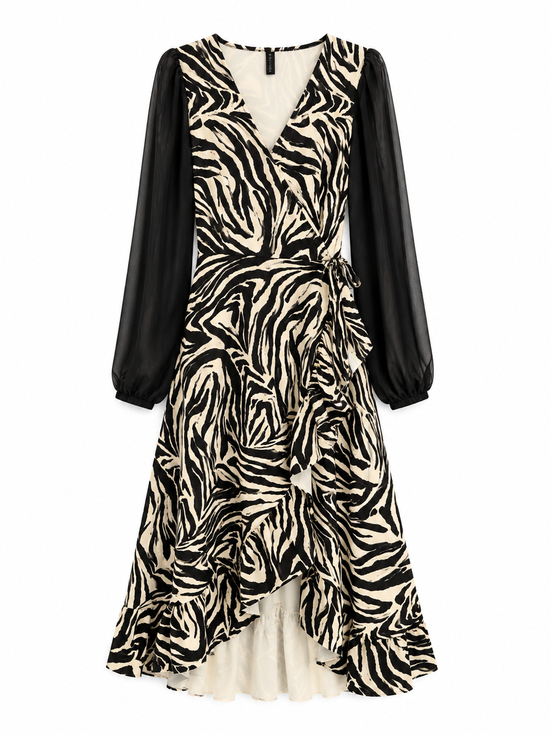 Vestido Maciel Midi Tela Scuba Cebra Manga Larga Gasa