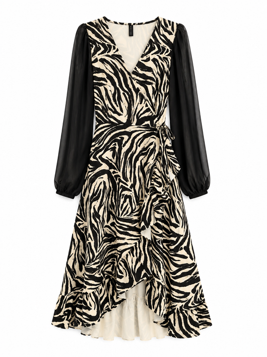 Vestido Maciel Midi Tela Scuba Cebra Manga Larga Gasa