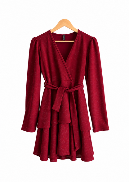 Vestido Pilar Corto Tela Sofia Brillos Manga Larga