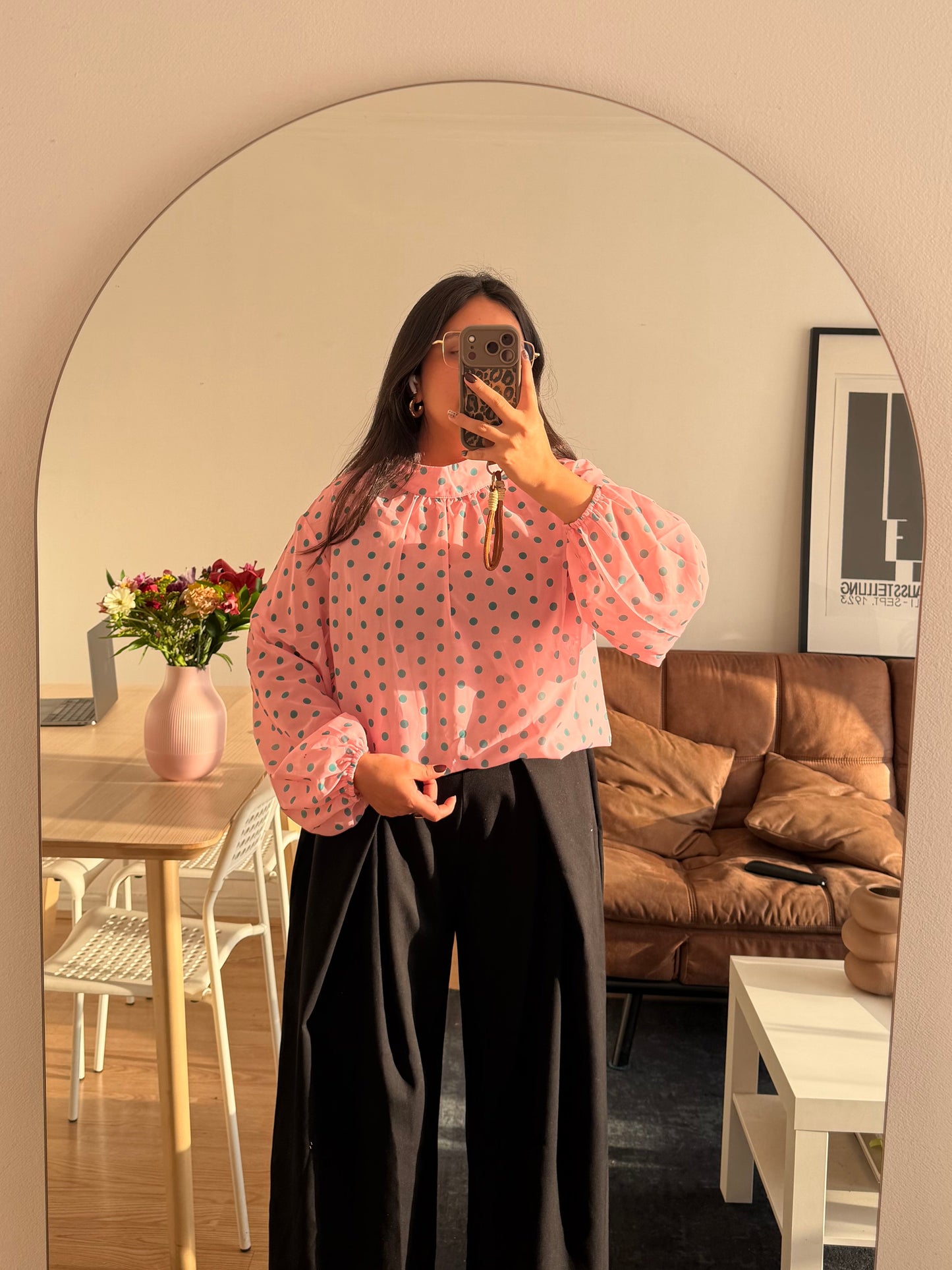 Blusa Gasa Rosada Puntos Verdes