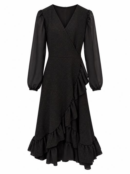 Vestido Maciel Manga Larga Gasa Midi Tela Sofia Brillos