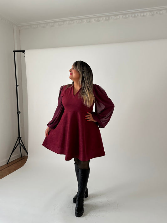 Vestido Renata Tela Agamuzada Manga Gasa